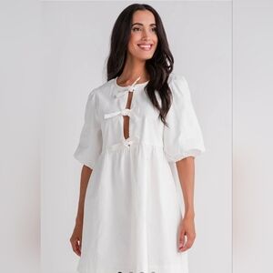 Aaron & Amber Babydoll Ribbon Tie White Denim Mini Dress, Medium